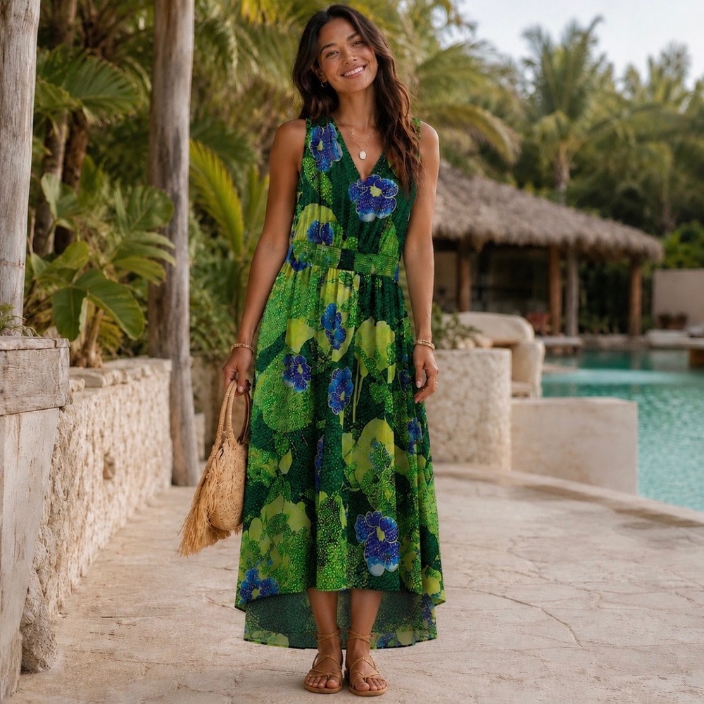 WHBM NWT Sleeveless Halter Maxi Dress Tropical Hi-Lo Green Size 6 Lush Garden